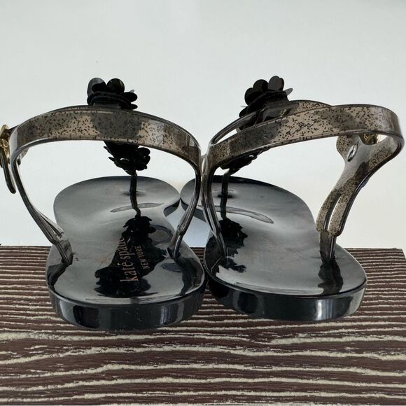 Kate Spade Farrah Black Glitter Jelly Sandals Rhinestones Floral Sz 6 Rubber - Picture 10 of 15